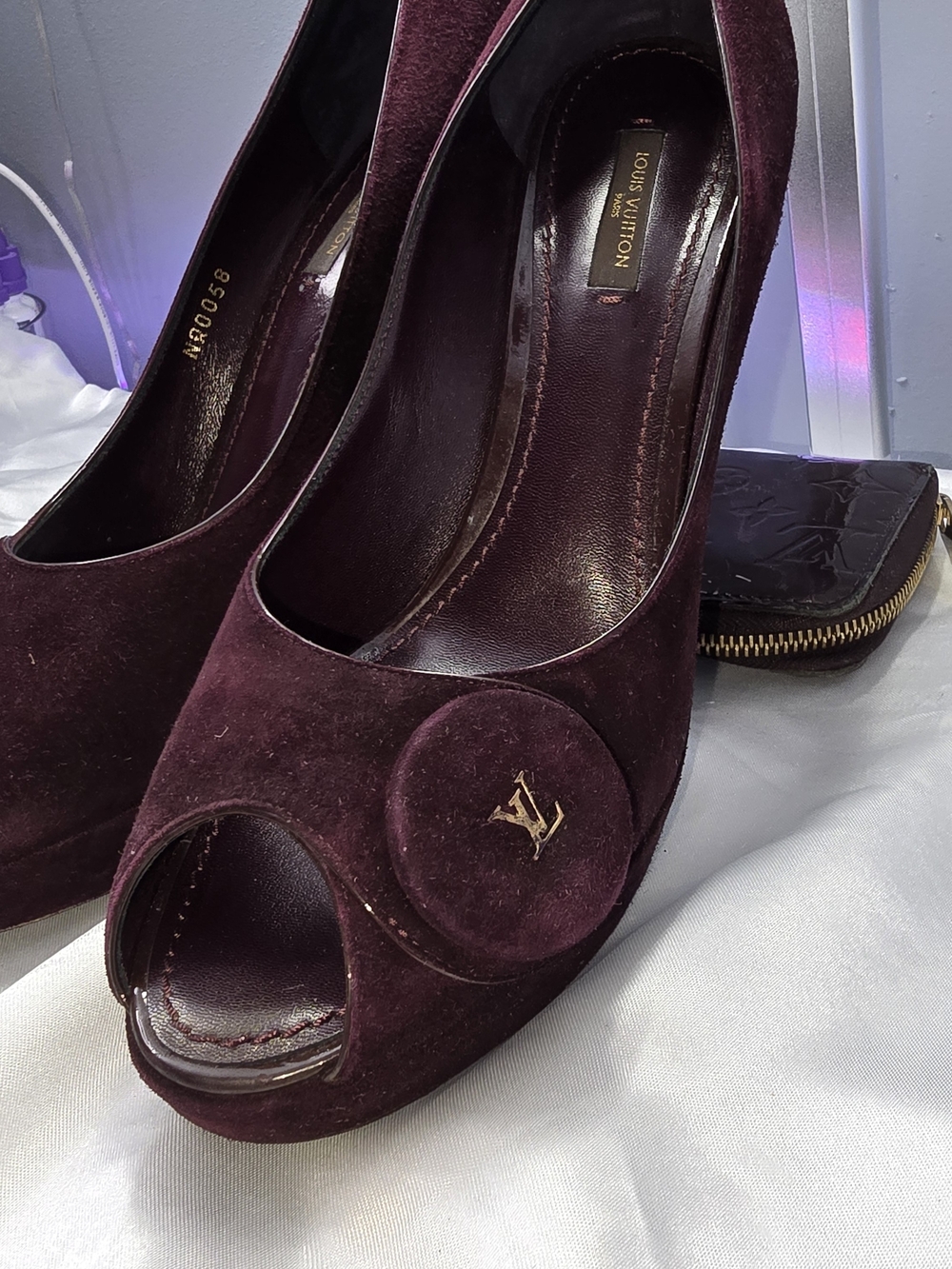 Louis Vuitton Burgundy Suede Peep-Toe Heels with LV Medallion